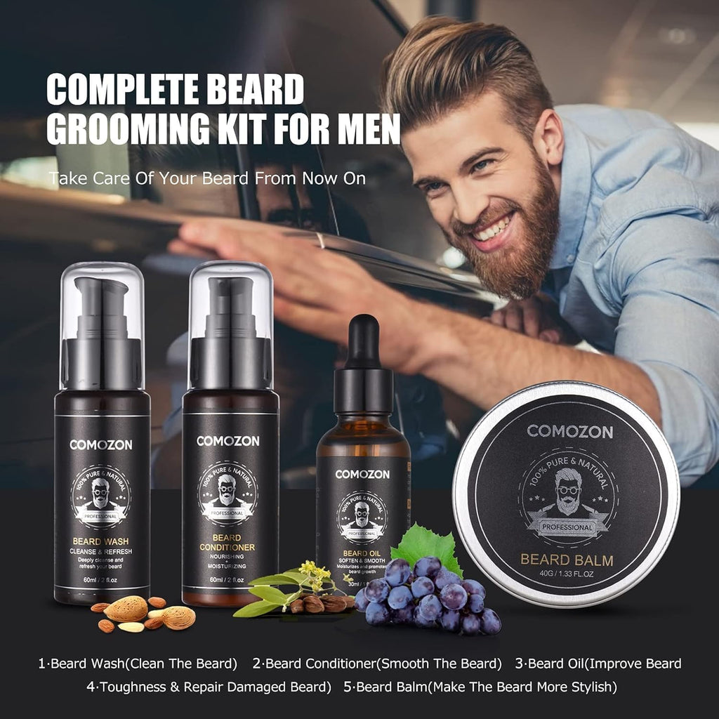 Coffret Barbe Homme 12-en-1 – Soin Premium avec Huile, Shampoing, Brosse & Accessoires